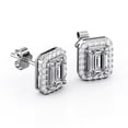 thumbnail image 4 of JeenMata Halo Cluster 1.1 Carat Emerald Cut Moissanite 4 Prong Set Stud Earrings in 18K White Gold Plating over Silver, 4 of 5