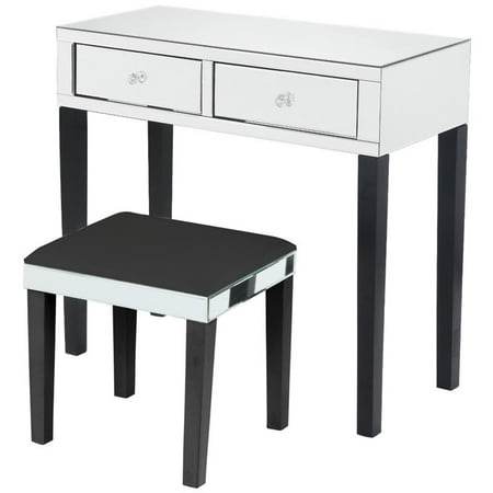 Caleb Mirrored Black Vanity Set 2 Drawers With Stool Walmart Com