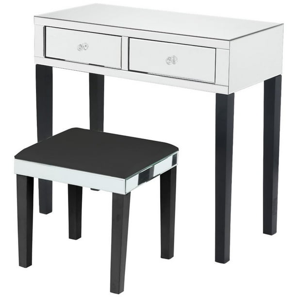 Caleb Mirrored Black Vanity Set 2 Drawers With Stool Walmart Com Walmart Com