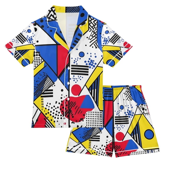 FORMRS Niños Short Sleeve Top and Pants Pajama Set Unisex Satin 2-Piece Sleepwear, Sizes 5-6Y, Yelllow Simple Shapes