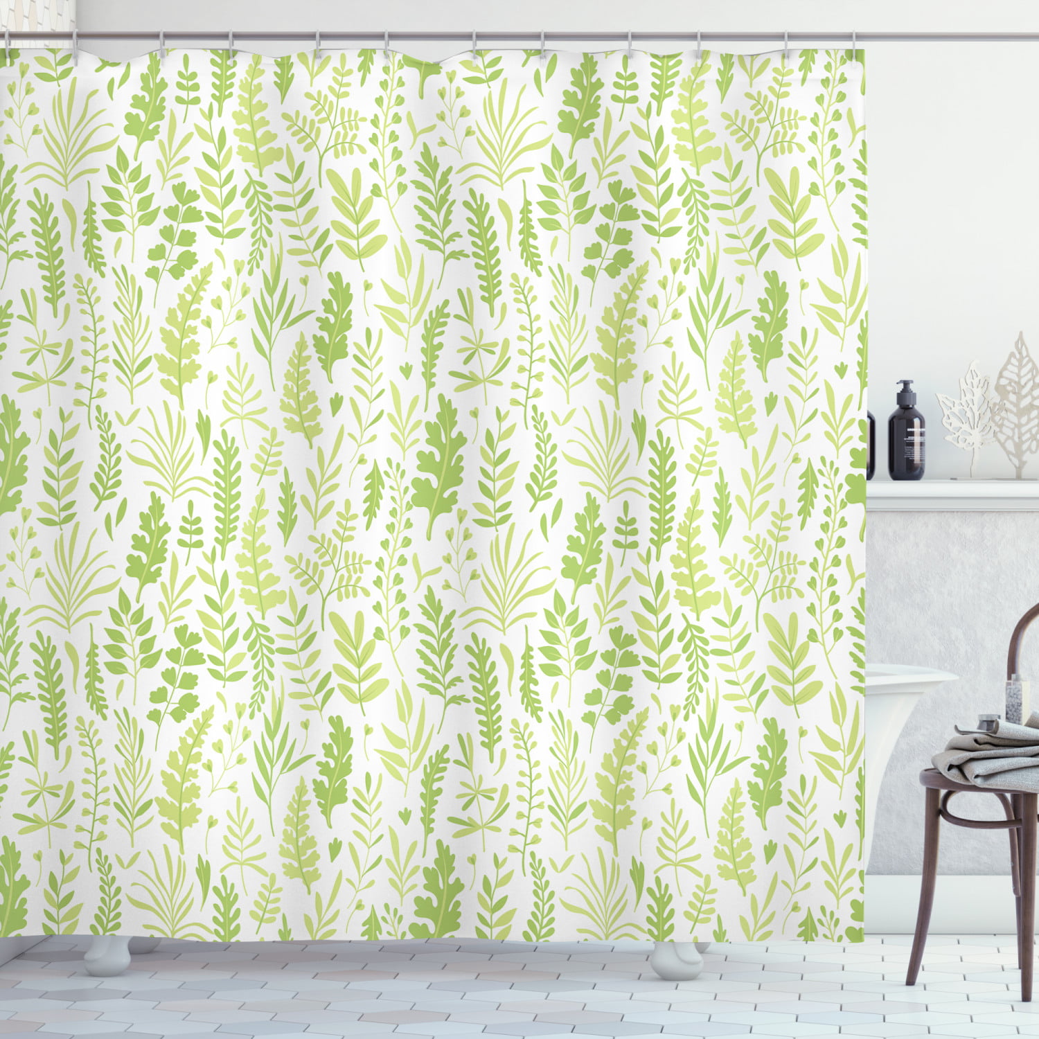 Bath Waterproof Fabric Shower Curtain Set Exotic Watercolor Green Leaves Pattern 