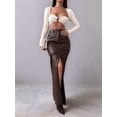 thumbnail image 6 of Women'S High Waist Front Slit Pure Color Simple Style Leather Pencil Skirt Bodycon Midaxi Dark Brown S, 6 of 8