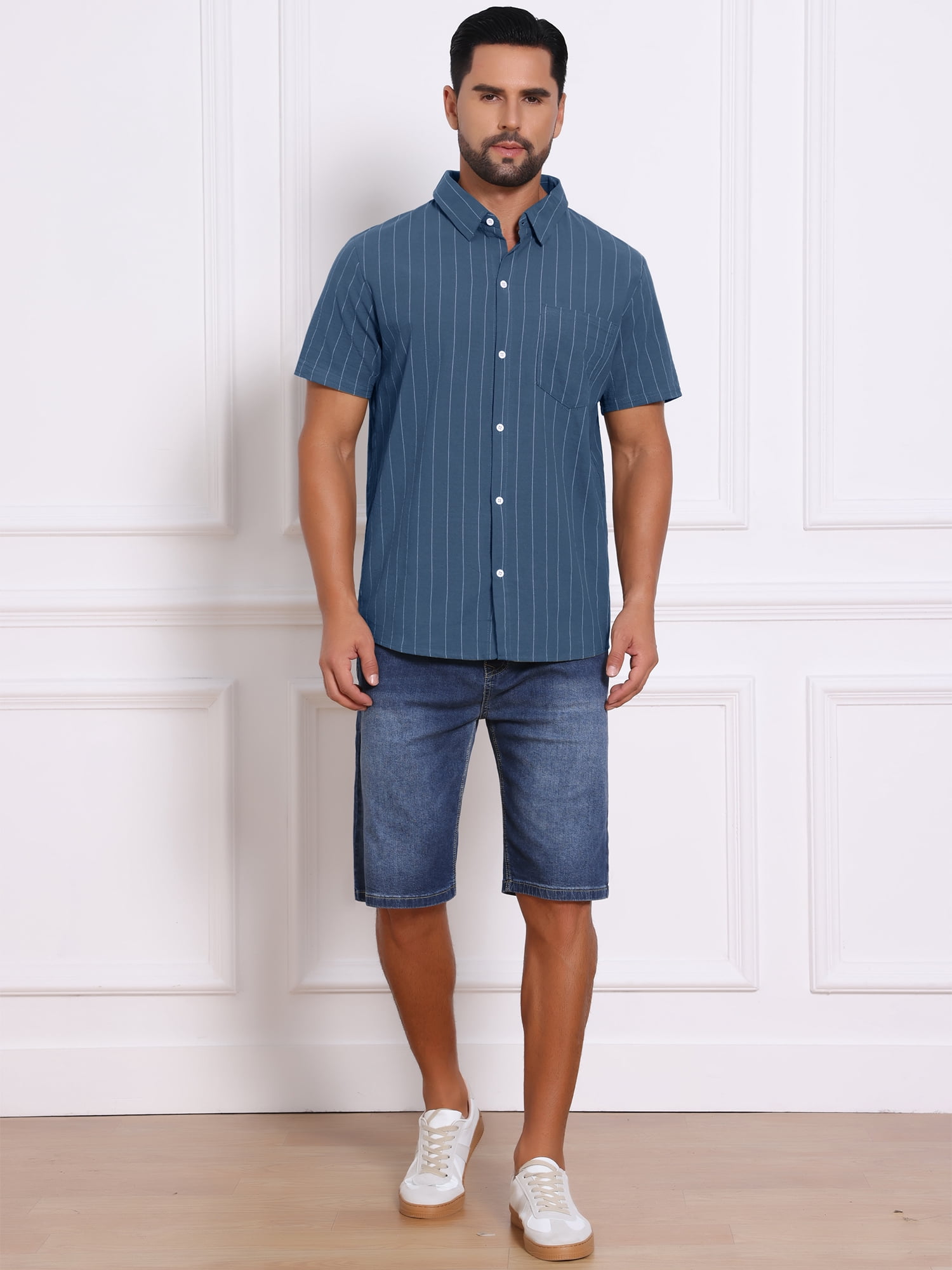 DARING DIVA Men's Point Collar Short Sleeve Button Down Stripes Shirts 3XL Dark Blue