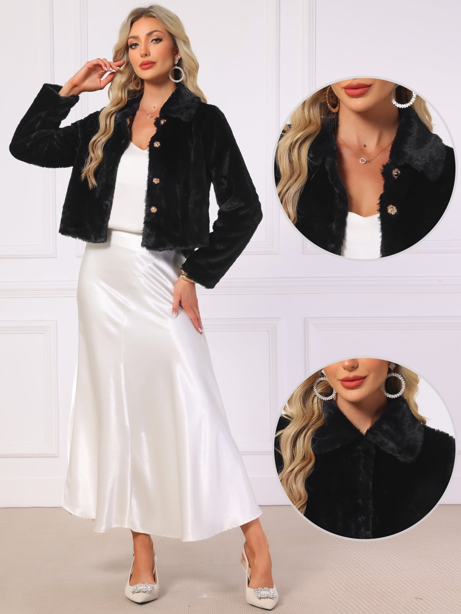 DARING DIVA Women's Dressy Faux Fur Cropped Snap Button Fluffy Jacket XS Black