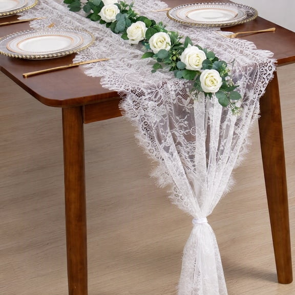30x120 White Lace Table Runner, Boho Wedding Decor | Rustic Farmhouse Macrame Table Linen for Bridal Shower, Christmas, Birthday Party, Event