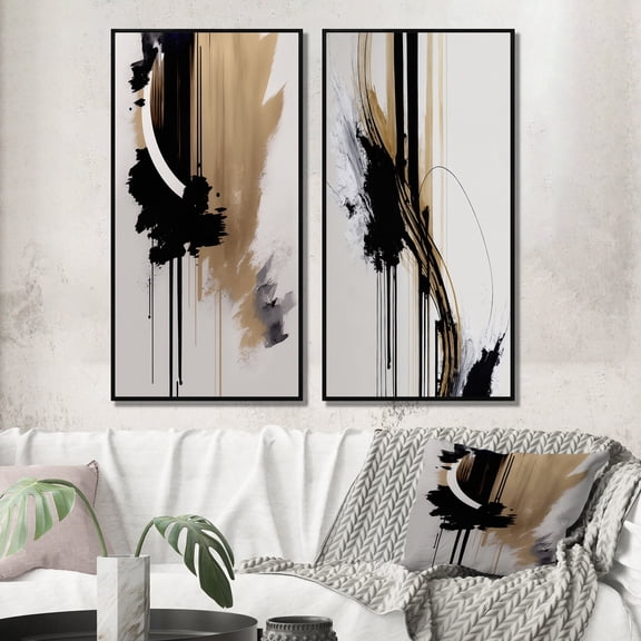 Designart "Expression in Black, White, and Gold III" Abstract Framed Wall Art Set Of 2 - Black Geometric Framed Wall Art Set Of 2