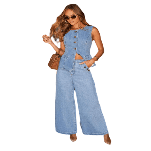LYMAYTER Women 2-Piece Set Crew Neck Sleeveless Denim Tank Suit for S-2XL Stylish Comfortable Wide Pant Suit