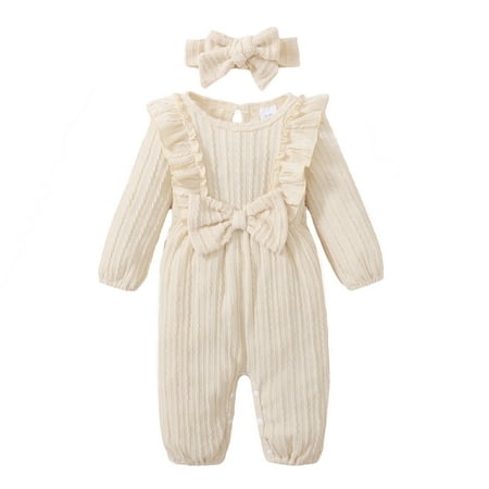 

KIMI BEAR Newborn Baby Girls Outfits 12 Months Newborn Girls Autumn Winter Outfits 18 Months Newborn Girls Sweet Twist Stripe Long Sleeve Romper + Headband 2PCs Set Apricot