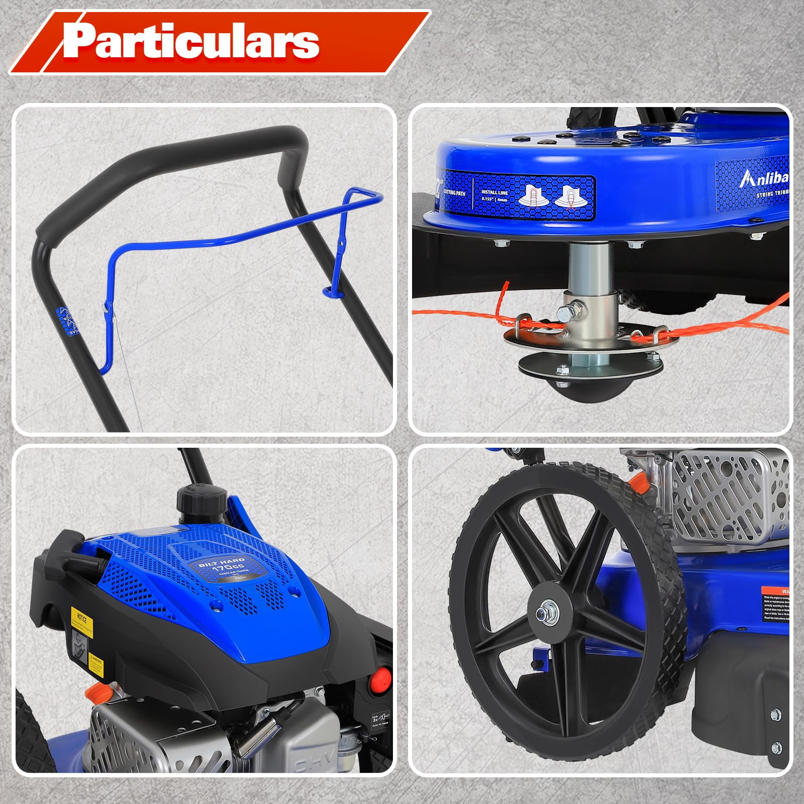 22 in Walk Behind String Trimmer 170cc 4-Cycle Gas Brush Hog Mower 22" Cutting Diameter Push Grass Eater with 14 Inch Flat Free Wheels Brush Cutter for Farm Lawn Yard