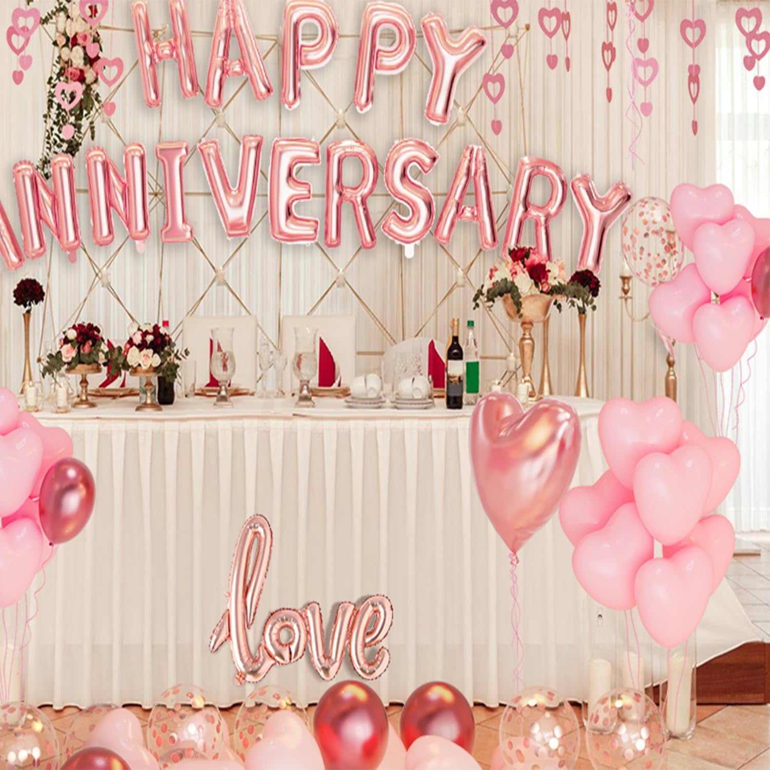 NestE - Anniversary Decorations, Happy Anniversary Balloons Banner, Pink Heart Balloons Heart Hanging String Pink Rose Petals for Wedding and Valentines Day Romantic