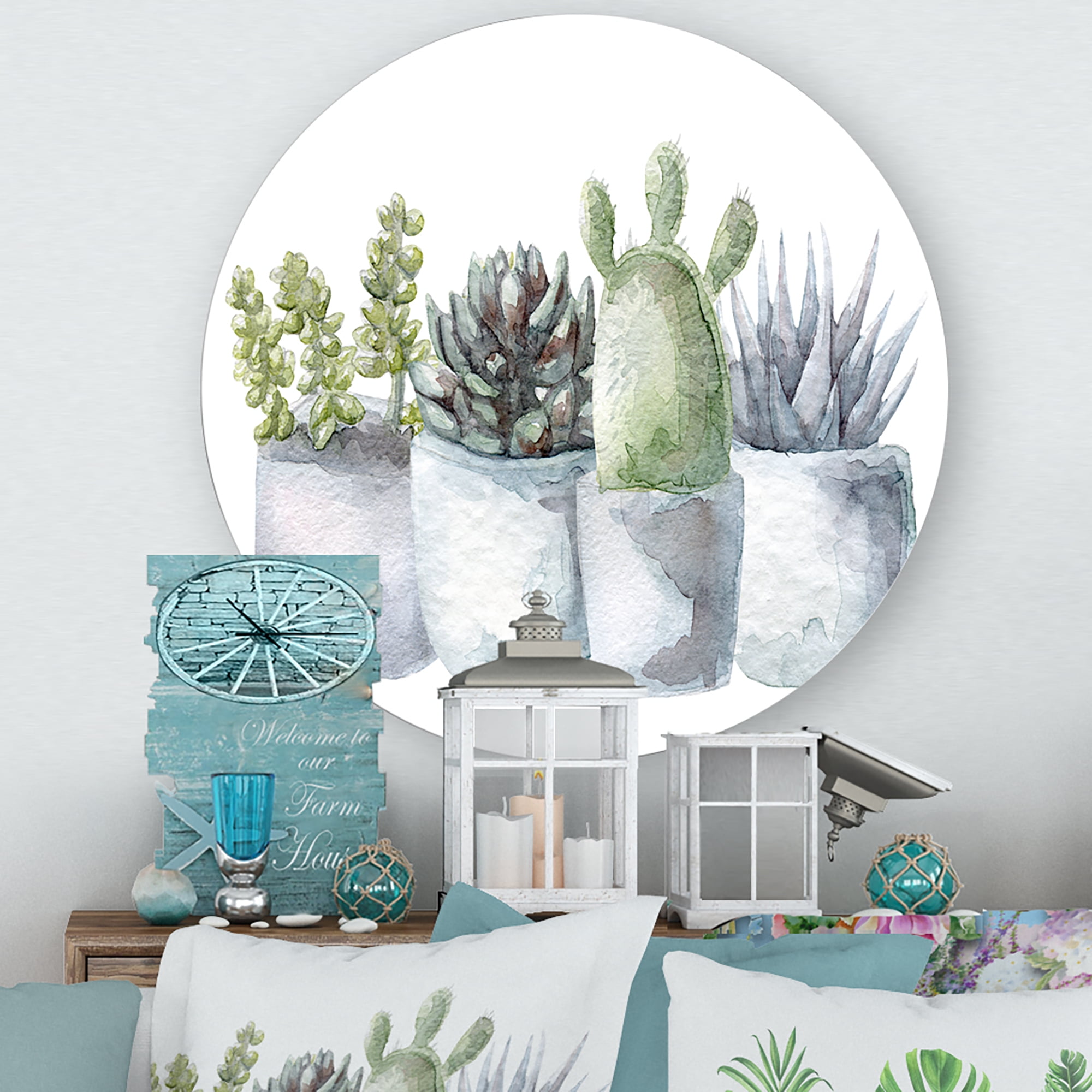 Designart 'Succulent and Cactus House Plants I' Farmhouse Circle Metal Wall Art 11x11 - Disc of 11