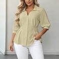 thumbnail image 5 of Oversized Lapel Collar Shirts For Womens Liweisiy 3/4 Puff Sleeve Tunic Wrinkle Waist Blouse Button Down Trendy Plus Size Tops Beige 5XL, 5 of 8