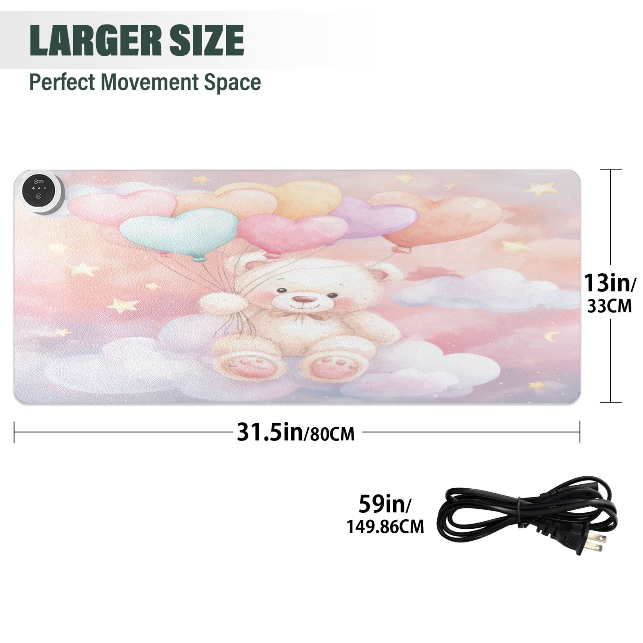 Large Heated Desk Mat Mouse Pad 31.5"x13"PU Leather Graphene Heating Desk Warmer with 3 Temperature Settings 110V US Plug Non-Slip Warm Pad for Home, Office, and Gaming Heart Balloon Teddy Art