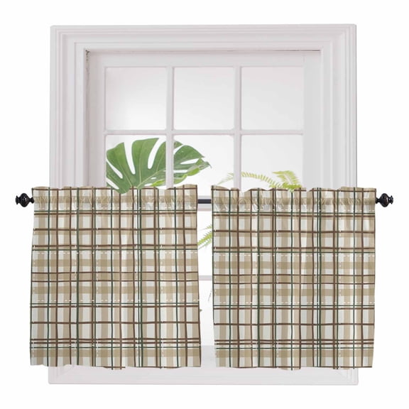Tan Lines 2 Panel Kitchen Curtains for Small Windows, Modern Gingham Plaid Striped Farmhouse Bathroom Tier Curtain, Short Window Treatment for Bedroom/Living Room 55"x36"