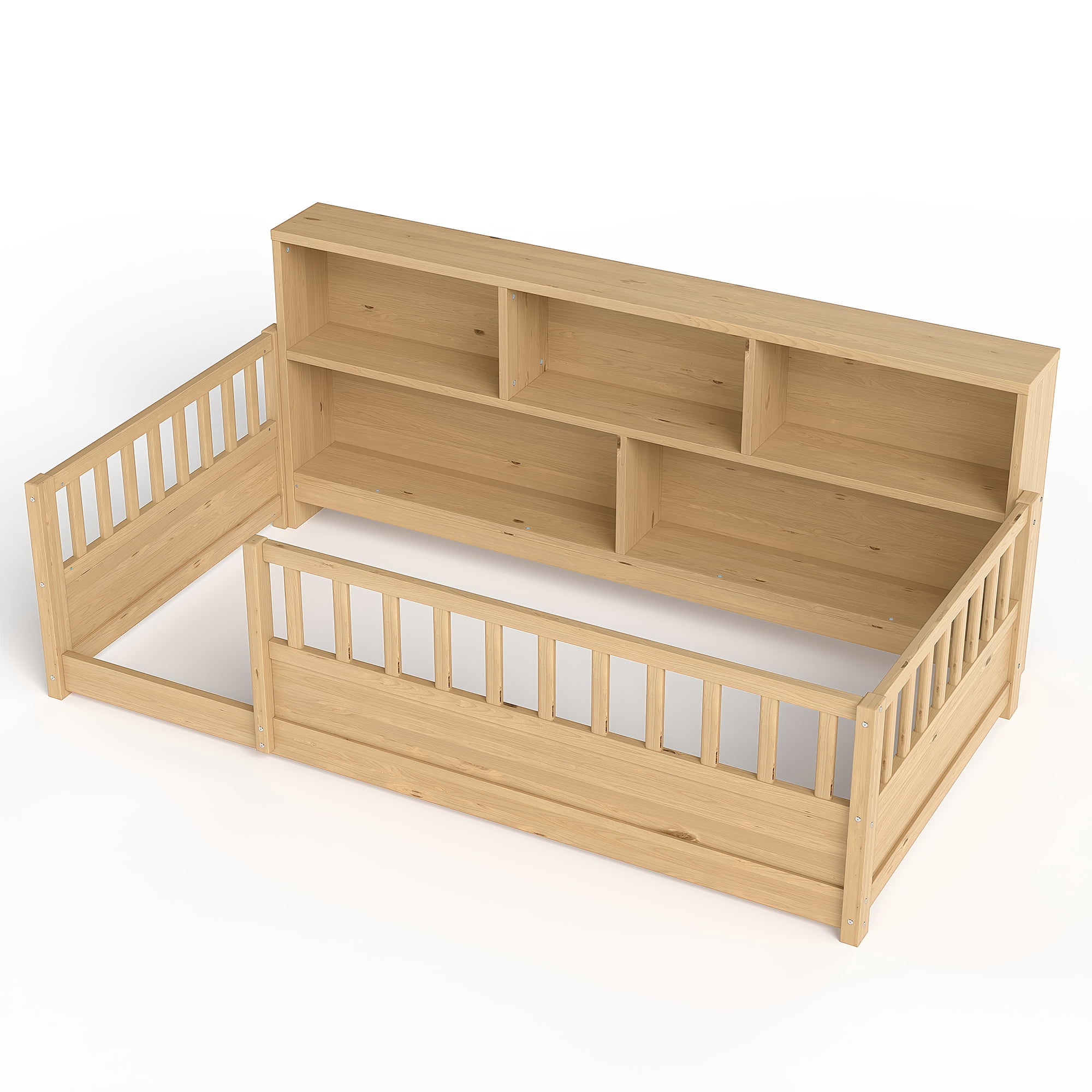 Miniyam Twin Size Wood Floor Bed with Guardrails, Storage & Bookshelf – Safe, Durable Design for Kids' Bedroom, Natural
