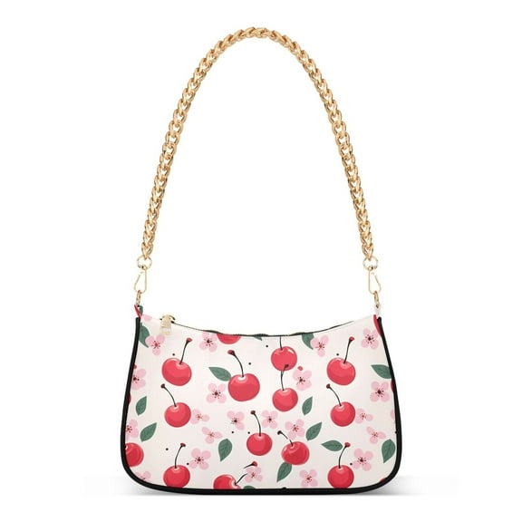 Womens Chain Shoulder Bag Cherry and Flowers Classic Tote Handbags Fashion Clutch Hobo Purse with Zipper for Travel Casual
