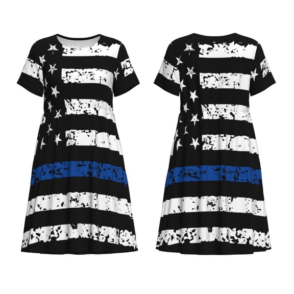 Horeoi Thin Blue Line Flag Print Women's Short Sleeve Dress Breathable Polyester-Spandex All-Over Print A-Line Side Pockets Elastic Waist