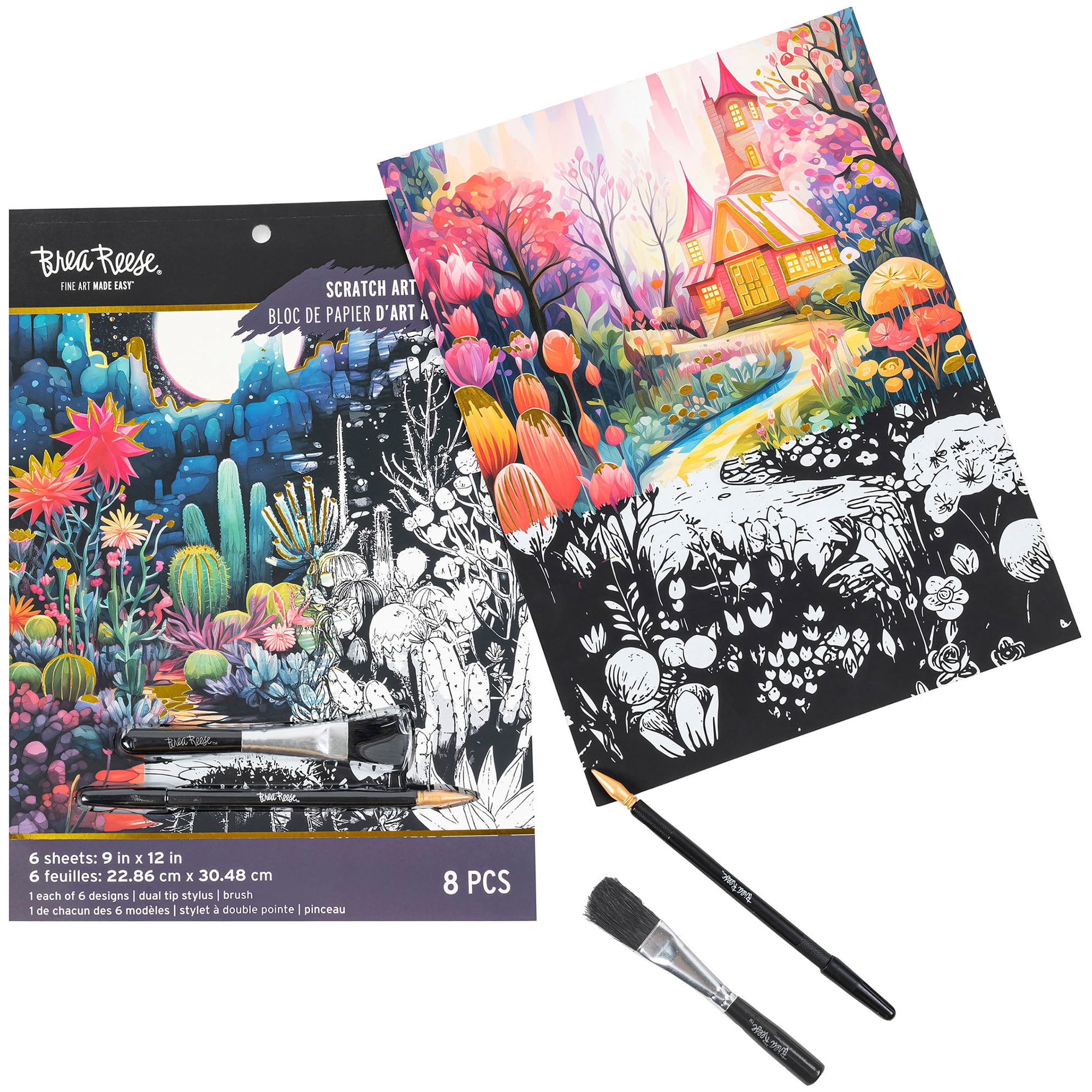 Brea Reese: Scratch Art Paper Pad - Magical Vistas - 12 Sheets, 6 Guided Designs, Metallic Accents, Dual-Tip Stylus & Brush, 8x8" Pages, Adult Craft
