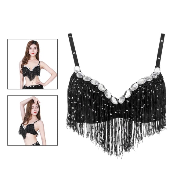 Traje de danza del vientre para mujer Lentejuelas Borla Fringe Bra Tops Negro Hugo Sujetador de danza del vientre para mujer