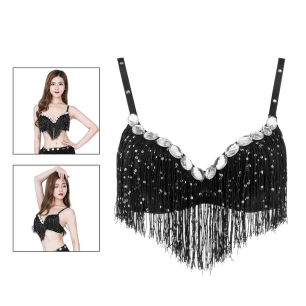 de lentejues con para mujer, trajes de danza del vientre con flecos a , Tops cortos, ropa de baile Negro BLESIY Sujetador de danza del vientre para mujer