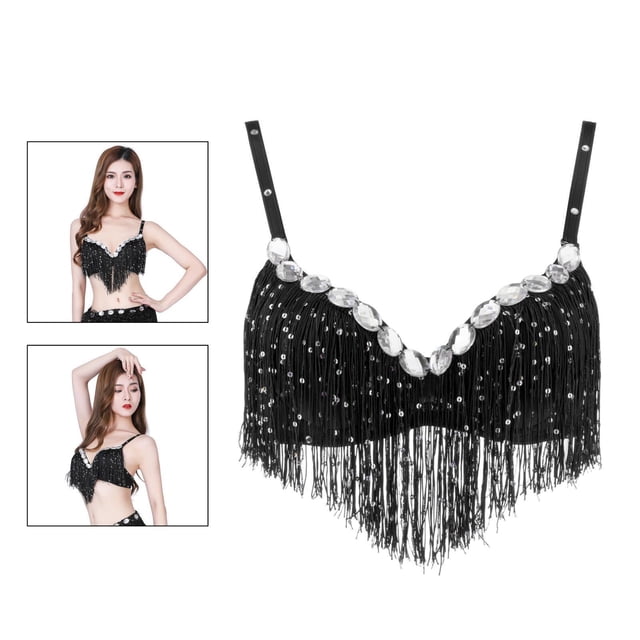 de lentejues con para mujer, trajes de danza del vientre con flecos a , Tops cortos, ropa de baile Negro BLESIY Sujetador de danza del vientre para mujer
