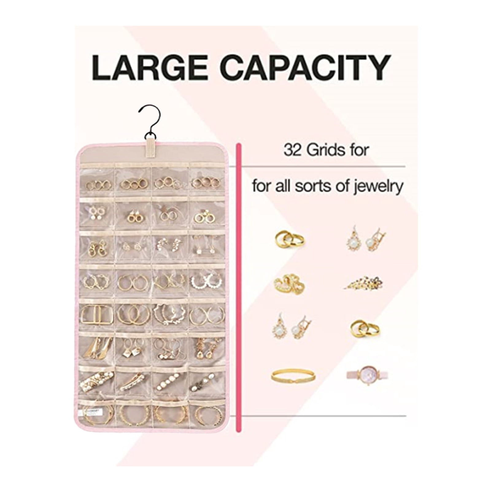 XKHHLH Hanging Jewelry Organizer Storage Roll with Hanger Hooks Double-Sided Jewelry Holder for Earrings, Necklaces, Rings on Closet, Wall, Door