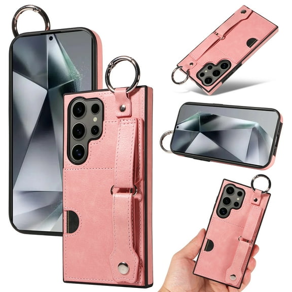 for Samsung Galaxy S24 Ultra Wallet Case with Card Holder, Hand Wrist Strap Loop Holder Kickstand, Finger Grip Ring PU Leather Double Buttons Shockproof Soft TPU Cover for Galaxy S24 Ultra, Pink