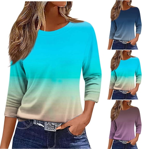 YHAJDS Women Tops Half Sleeves Gradient Loose Crew Neck Spring Summer Casual Tee