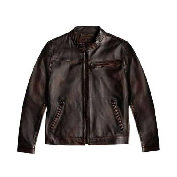 HIDE CRAFTS Vintage Style Motorcycle Leather Jacket, Brown, Stand Collar, Full Zip Front (US, Alpha, X-Large, Regular, Regular, Brown)
