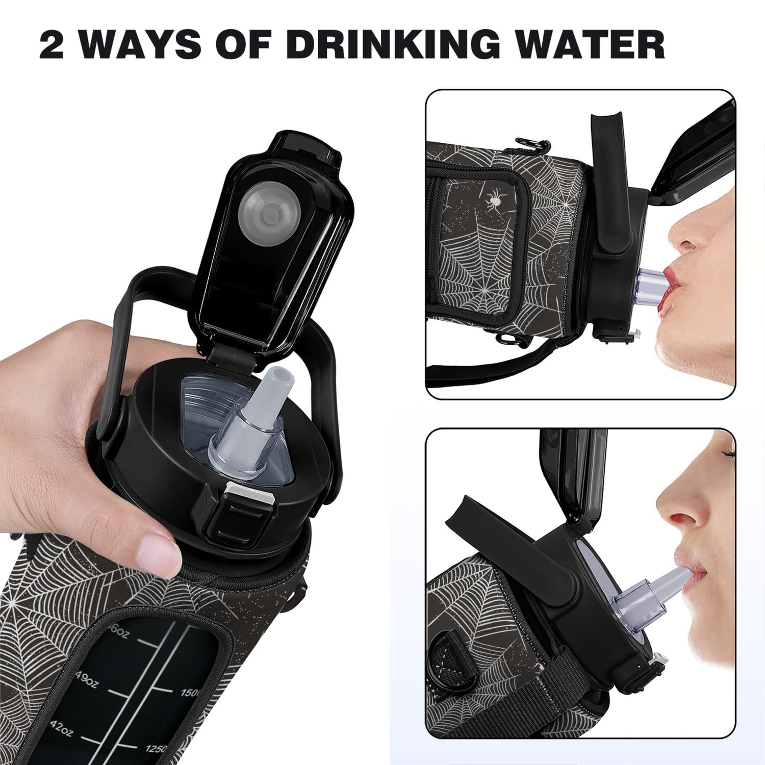 Halloween Spider 64 Oz Water Bottle with Sleeve - BPA Free Leakproof Sport Large Plastic Water Bottle with Straw & Time Marker & Insulated Neoprene Holder Carrier Bag Great Gift for Women Men