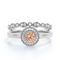 Beautiful Boho & hippie 1.60 Carat Round Cut Antique Morganite And Diamond Moissanite Engagement Ring, Floral Halo Wedding Ring, One Matching Band in 10k Solid White Gold, Bridal Rings, Gift For Her