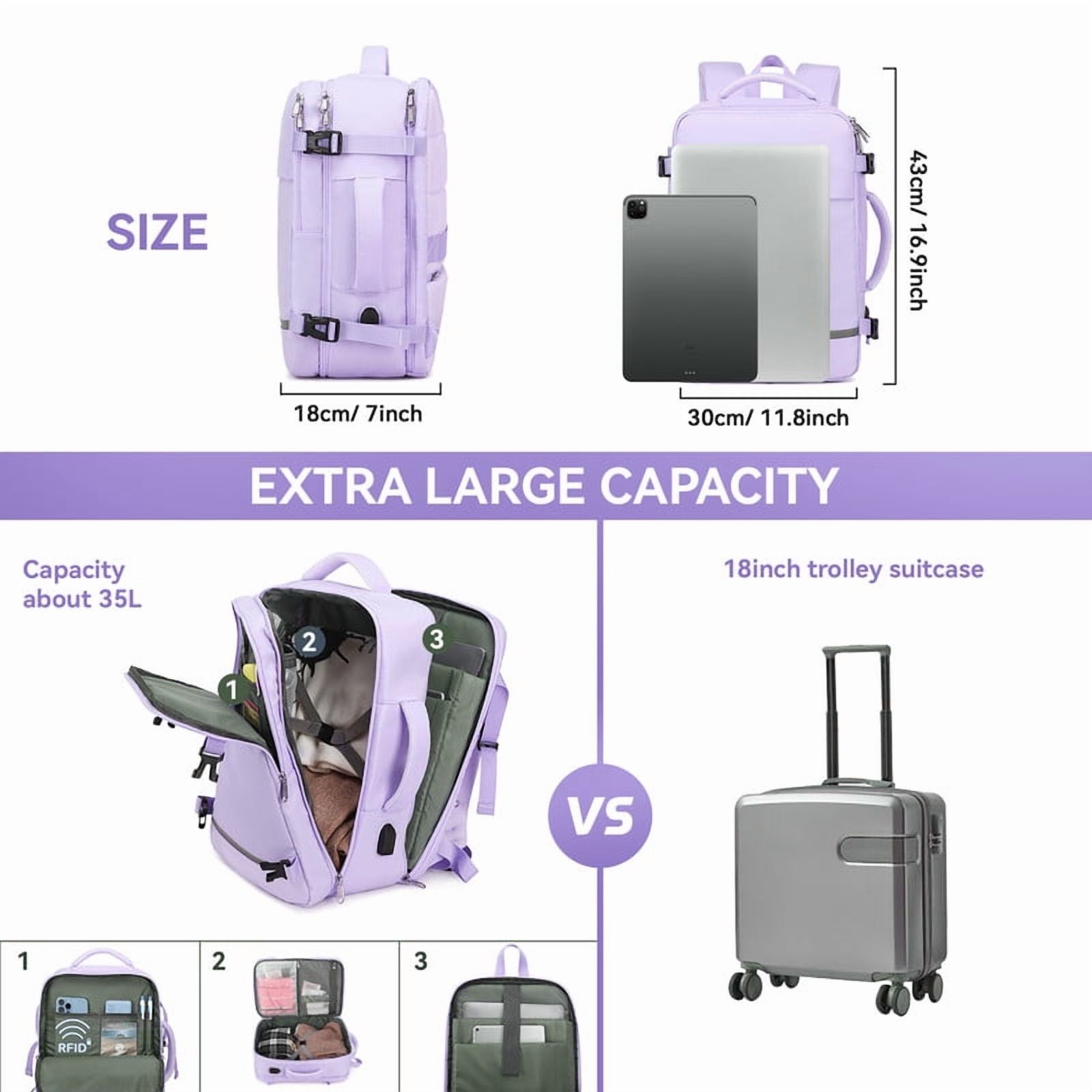 XJ-HOME Travel Backpack for Adults - Airline-Approved Carry-On, Waterproof College Backpack, Sports Luggage, Personal Item Suitcase, Business and Hiking Casual Bag, Fits 15.6" Laptop (Purple)