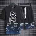 thumbnail image 3 of Conjunto de chándal y pantalones cortos para hombre, chándal con capucha y estampado de gofres en negro, dos piezas, camiseta y pantalones cortos, estilo coreano 2024, atuendo elegante, 3 of 4