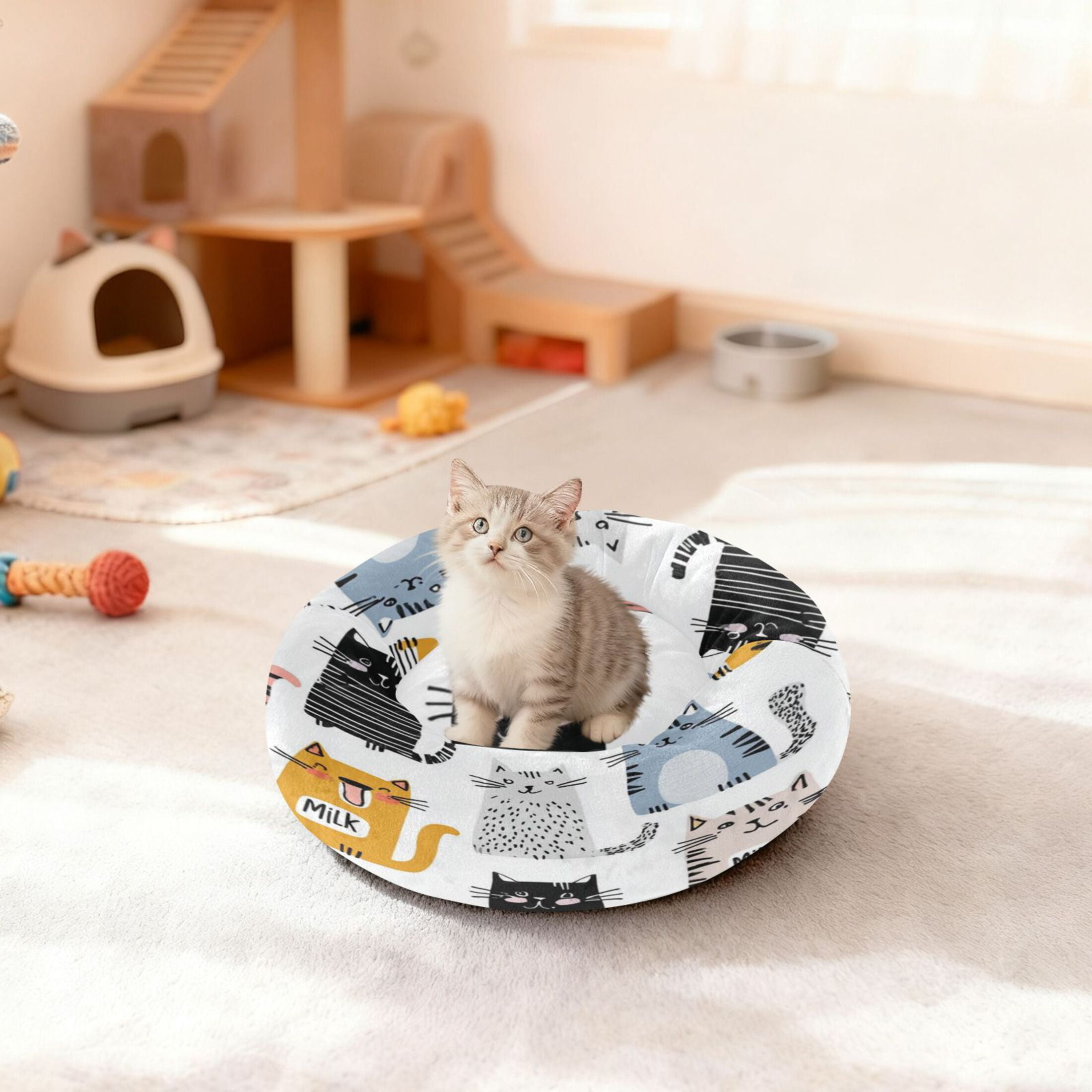 Iauyy Pet Couch Donut Cat Bed for Indoor Cats/Small Dogs Washable & Machine with Non-slip Bottom Calming Cat Furniture, Playful Graffiti Style (XS)