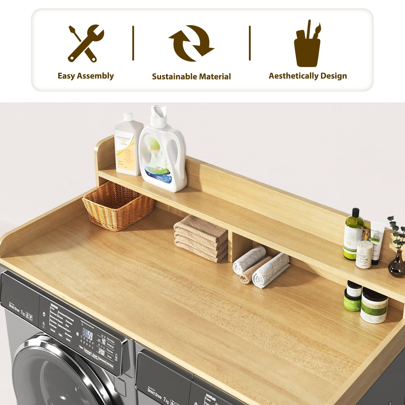 Mohsoe LaundryRoom Solid Wood Washer Dryer Countertop with 2nd Shelf & Guard Rail,54" x 27.5" Extra Wide Folding Station for Front Loader,Organizer Top with Anti-Slip Pads,Easy Assembly
