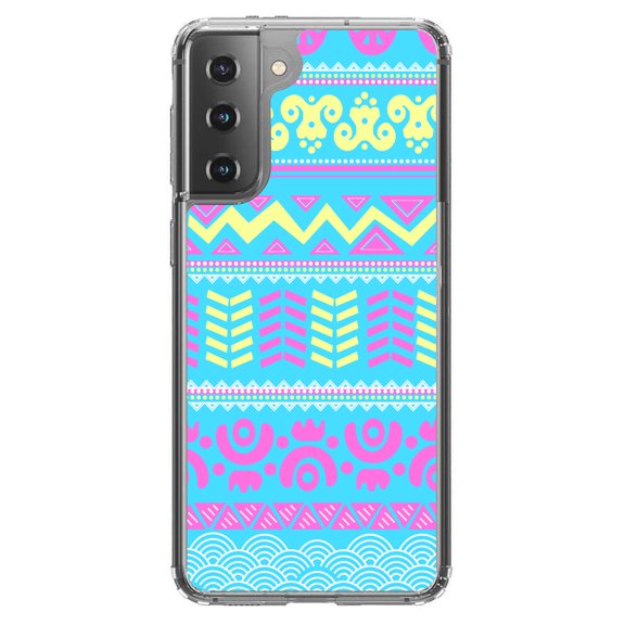 DistinctInk Clear Shockproof Hybrid Case for Galaxy S21 5G (6.2" Screen) - TPU Bumper, Acrylic Back, Tempered Glass Screen Protector - Yellow Pink Blue Aztec Tribal