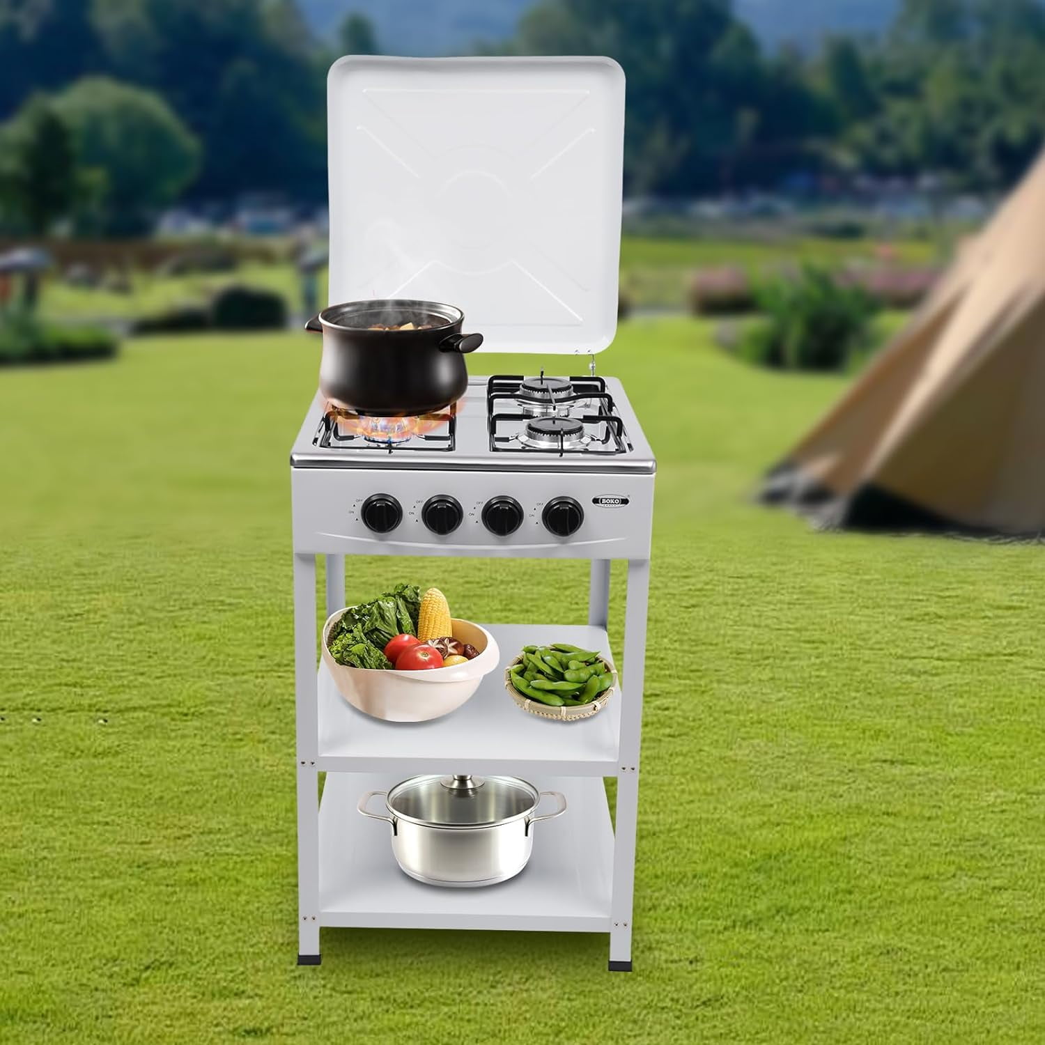 Natural Gas Gas Stove, Commercial Free Standing 4-Burner Gas Cooktops Kitchen Cooking Stove With Shelf Kitchen Cooking Appliance Stainless Steel Gas Stove With Wind Shield & Dustproof Covers, White