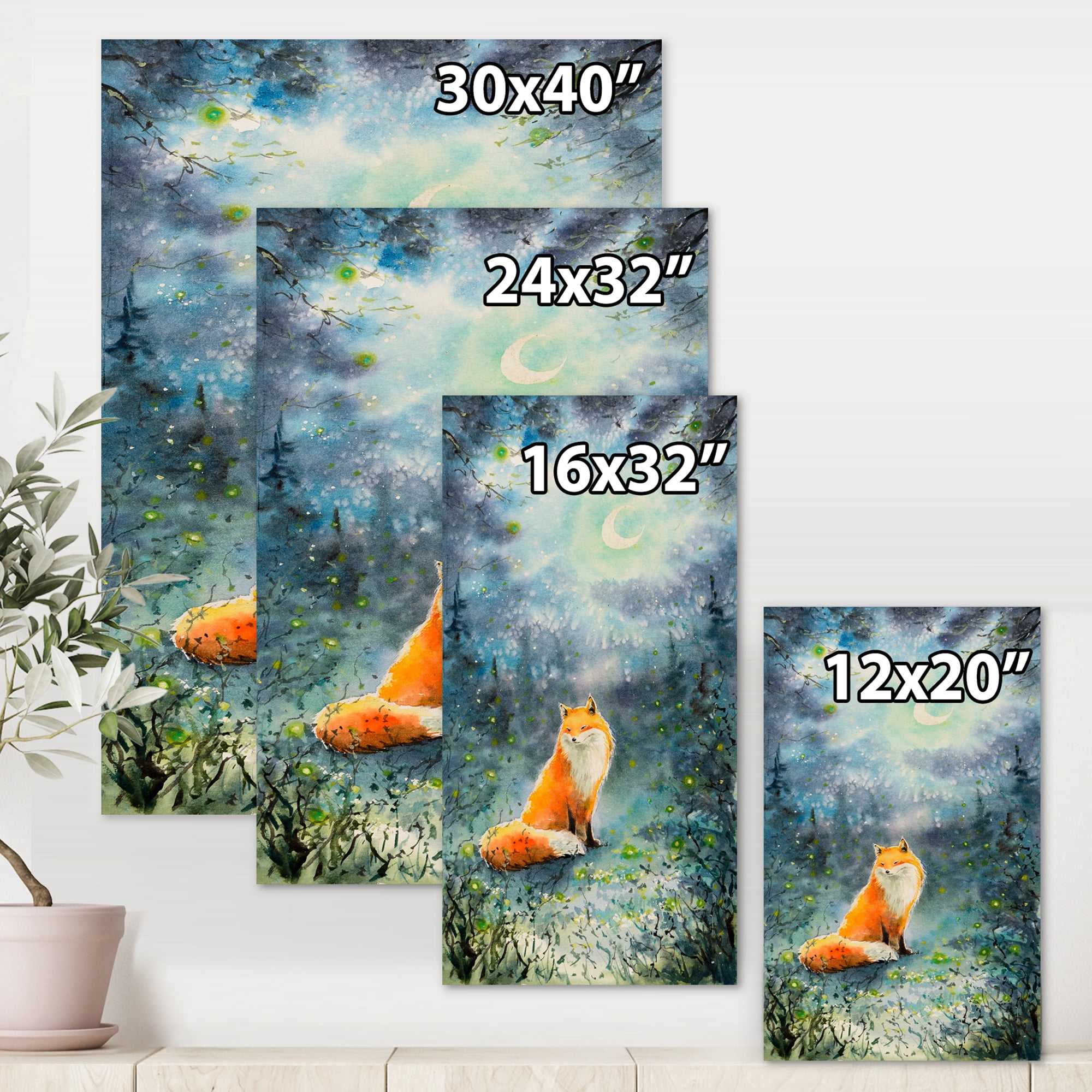 Fox Over A Night Sky With Moon 8 in x 12 in Painting Canvas Art Print, by Designart