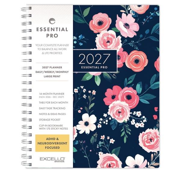 Excello Essential Pro 2027 Weekly & Monthly Planner, 8.5" x 11", 14-Month Calendar Nov 2026-Dec 2027, Monthly Tabs, Notes Pages, Storage Pocket, Bookmark & Sticky Notes, Small Navy Floral