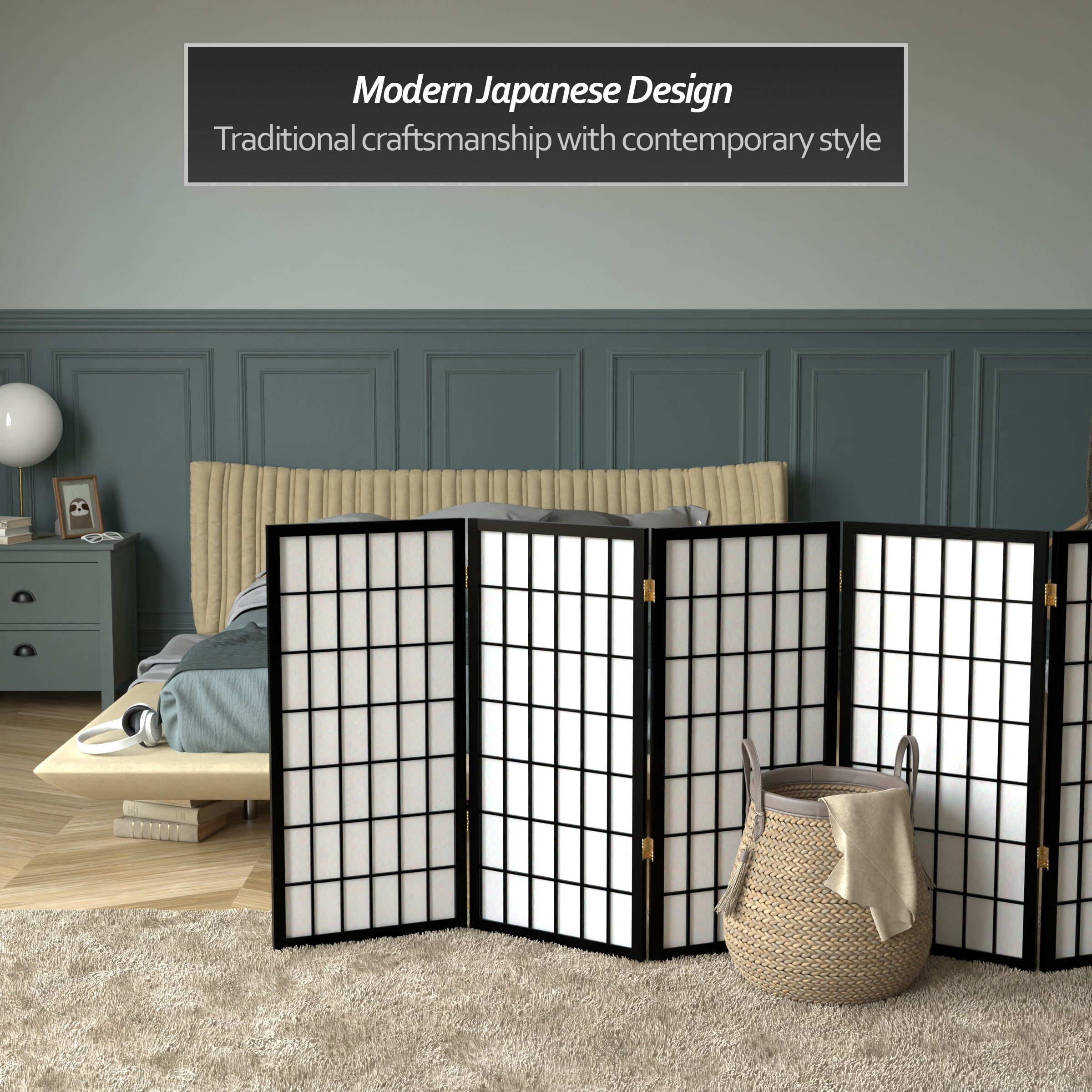 3 ft. Tall Classic Japanese Window Pane Lattice Privacy Screen - Black - 5 Panels