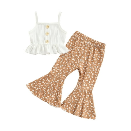 

Canrulo Toddler Baby Girl Summer Clothes Solid Knit Ribbed Tops Ruffle Strap Crop Tops Floral Flare Pants Set White 4-5 Years