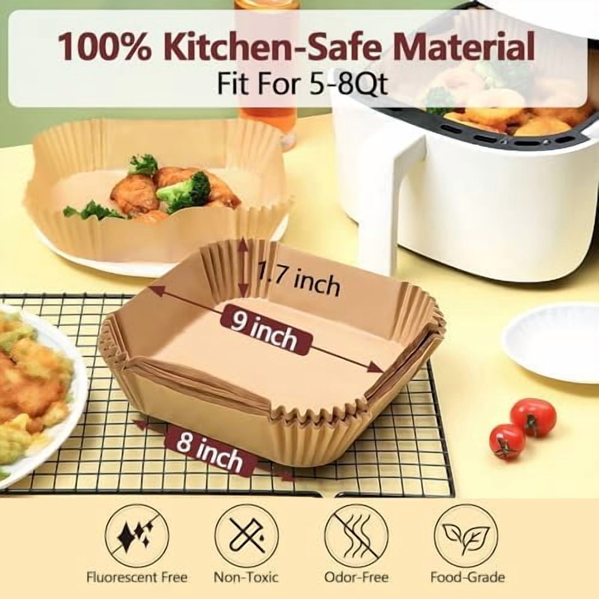 9 Inch Air Fryer Liners Disposable-200PCS Square Parchment Paper Liners,Heat Resistant & Non-Stick,Unbleached Liners for Air Fryer,Oven,Roasting,Baking,Microwave（Bottom is 8 Inch）