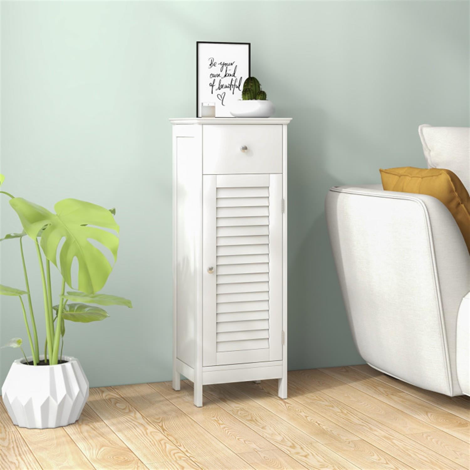 Demi Bonn Wood Bathroom Storage Cabinet, Bathroom Floor Cabinet with Drawer and Shutter Door for Bathroom, Living Room, Bedroom, Kitchen, White