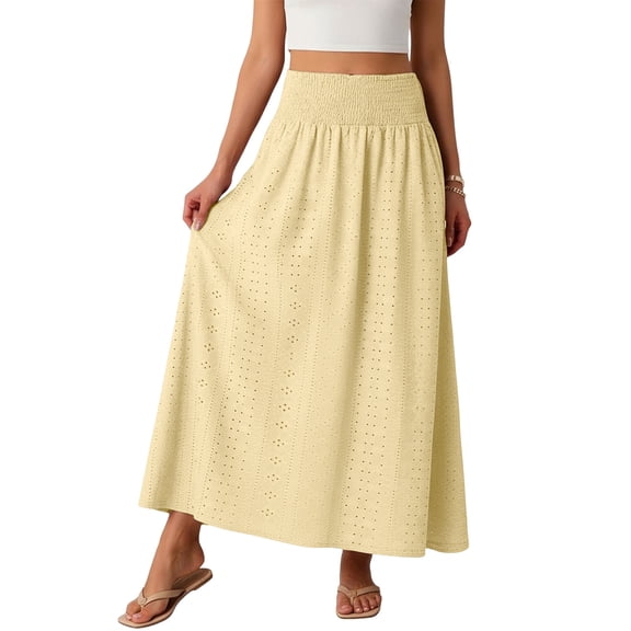 BRGZLK Summer Skirts for Women Casual Solid Color Palace Keyhole Cut-Out Lightweight Breathable Boho Elegant High Waisted Flowy Skirt Yellow S
