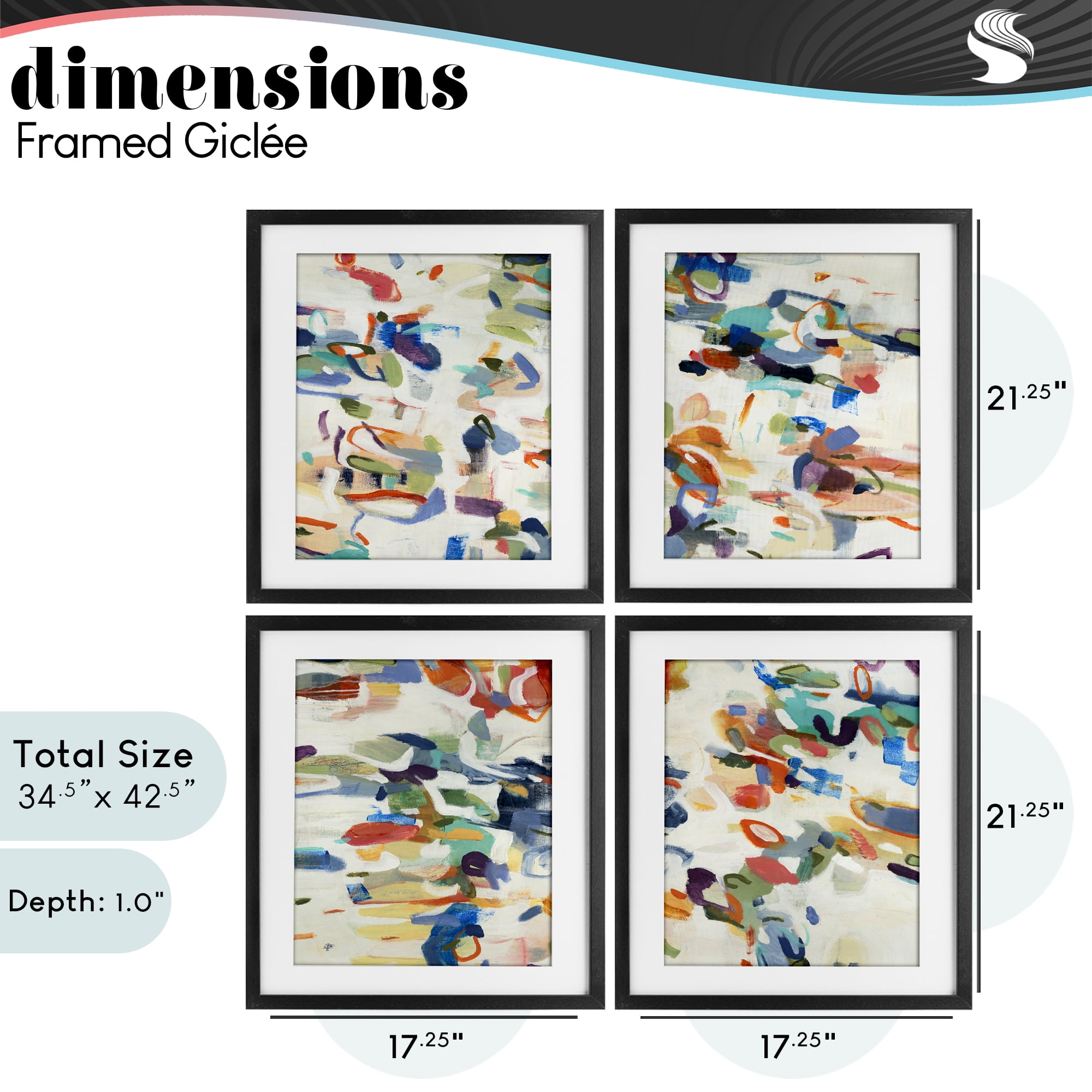 Stupell Industries Primary Hues Composition 4 Piece Black Framed Print Under Glass Set, design by Lisa Ridgers