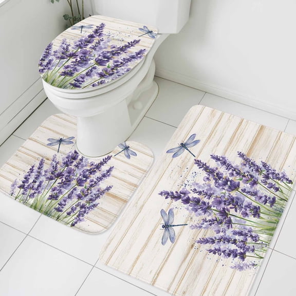 Dragonfly Lavender Bathroom Rugs Set Purple Floral Vintage Wood Grain Non Slip Absorbent Soft Bath Mats 3 Piece Set with Bathroom Rug, U-Shaped Floor Mat, Toilet Seat Cover Large Size