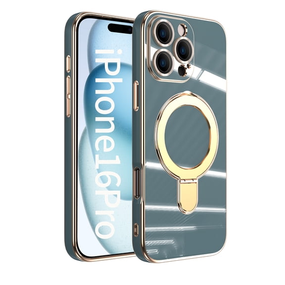 Designed for iPhone 16 Pro Case, with 360° Rotatable Magnetic Invisible Stand [Compatible with MagSafe] Gold Plating Edge Soft TPU Shockproof Protective Case for Women Men - Grayblue