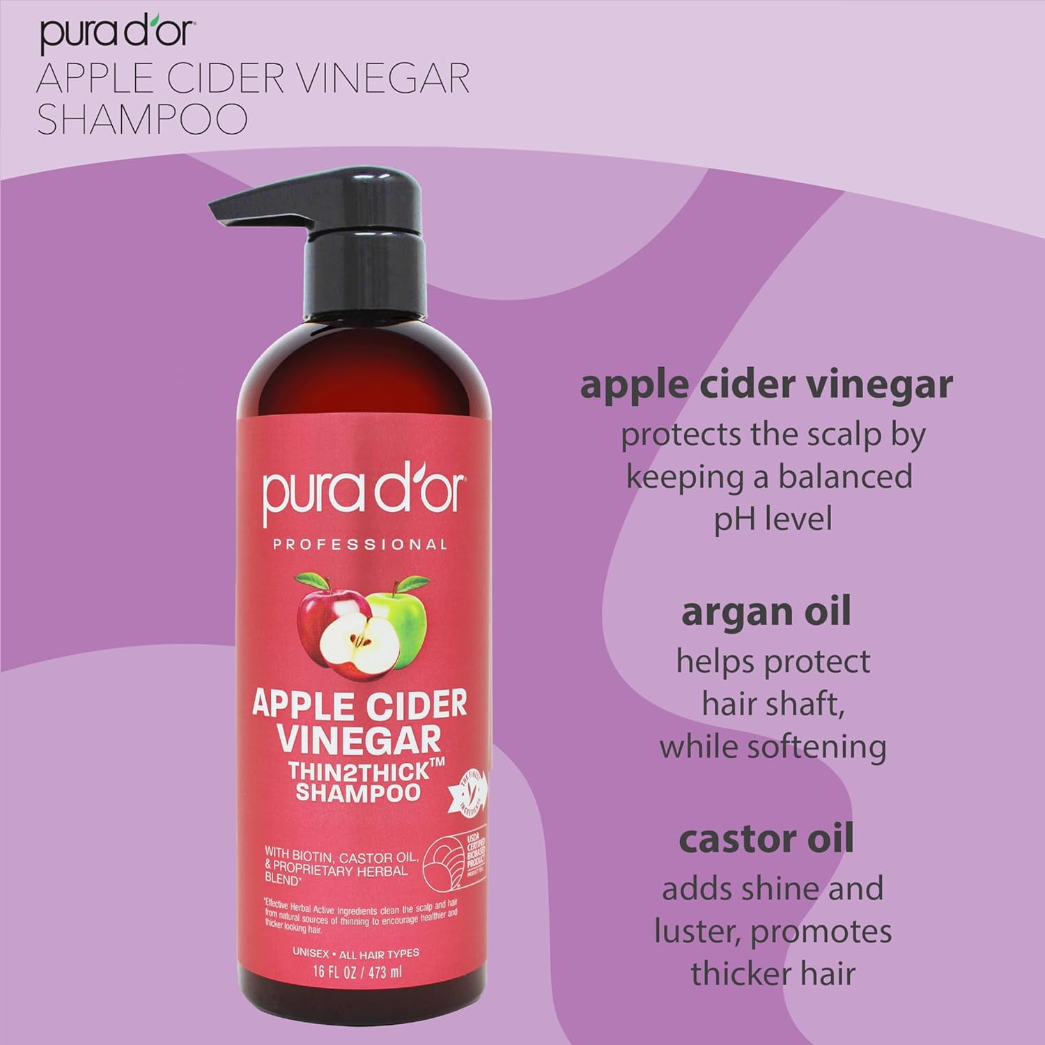 PURA D'OR Apple Cider Vinegar Thin2Thick Shampoo & Conditioner Set (16oz X 2)