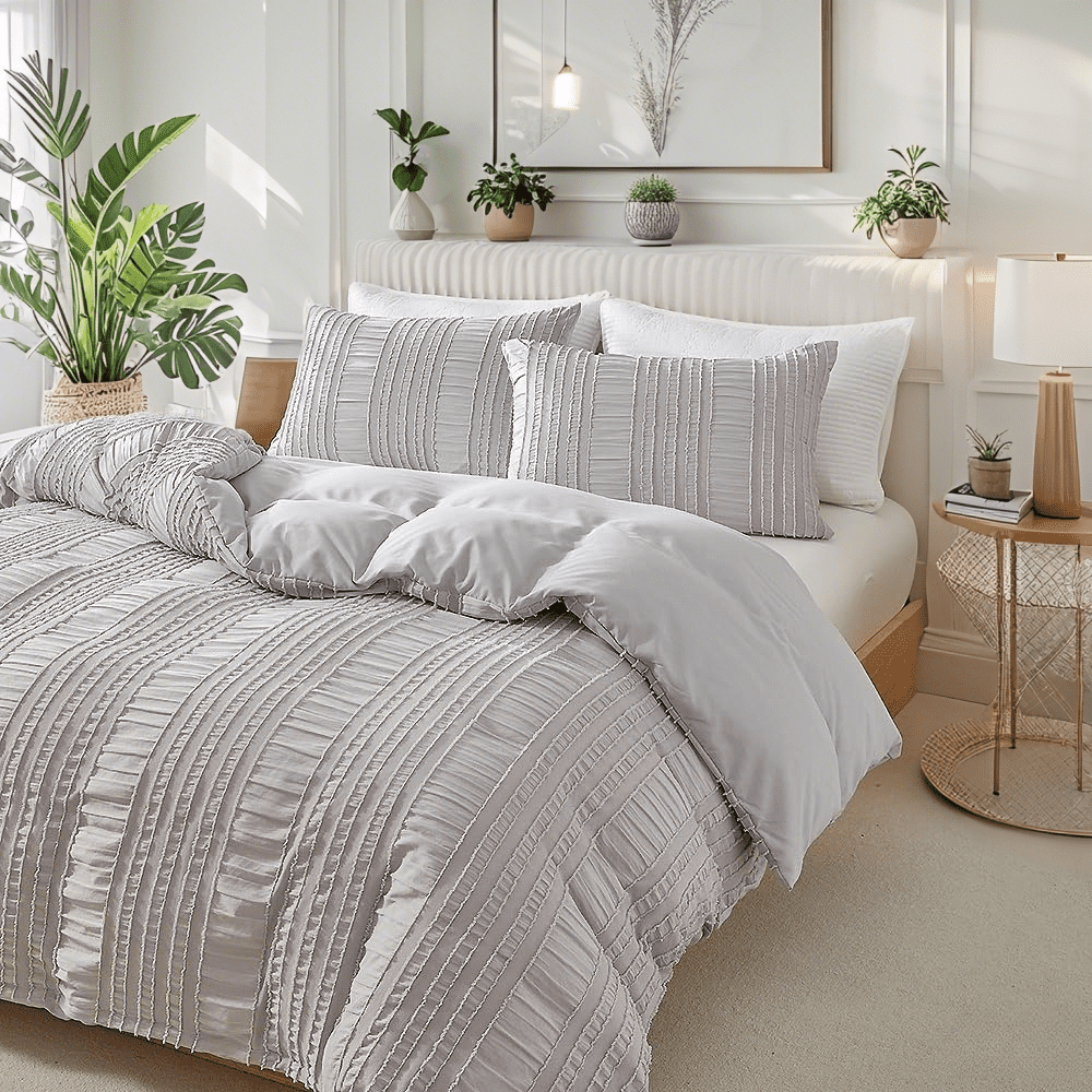 JOLUSERE Light Gray Duvet Cover Queen Sets, 3 Pieces Soft Breathable Striped Textured Comforter Cover Set