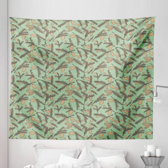 Pine Cone Tapestry, Woodland Fir Branches Twigs Foliage Tree Spring Season Plant Leaves, Fabric Wall Hanging Decor for Bedroom Living Room Dorm, 5 Sizes, Umber Camel Reseda Green, by Ambesonne
